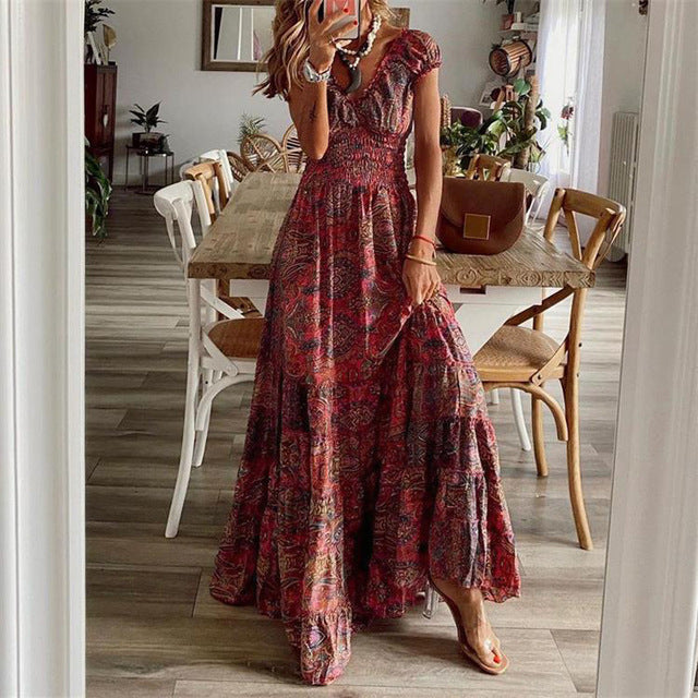 Print Long Dresses V-neck Elastic Waist Short Sleeves Vacation Style Dress Female Vestidos
