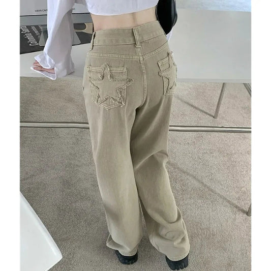 Baggy Khaki Jeans Straight Loose High Waist Trousers Star Patchwork Denim Wide Leg Pants