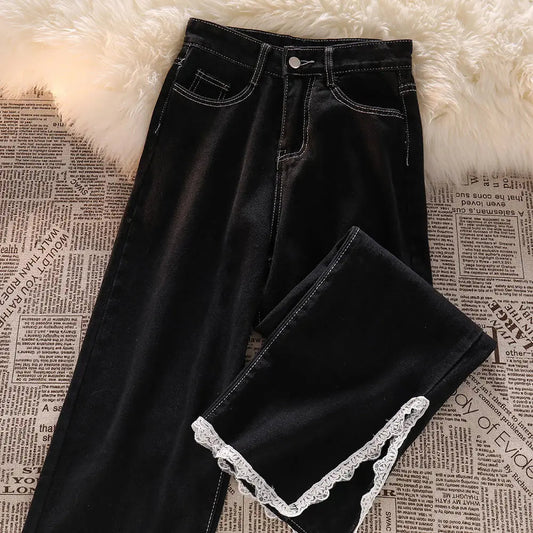 Korean Lace Slit Jeans Pants High Waist Oversize Wide Leg Trousers New Ins All Match Denim