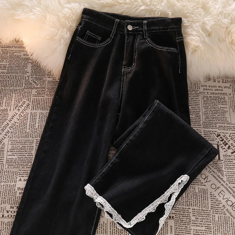 Korean Lace Slit Jeans Pants High Waist Oversize Wide Leg Trousers New Ins All Match Denim