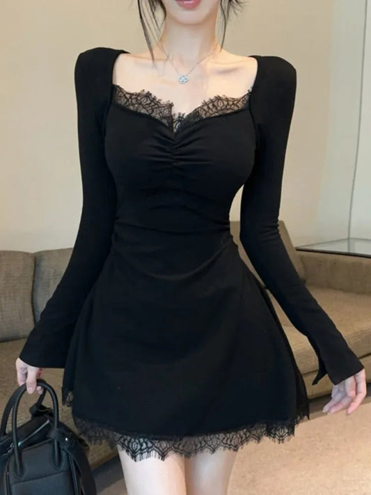 Lace Patchwork Dresses Square Collar Party Mini Dress Autumn Spring Slim Waist Vestidos Female Outfits