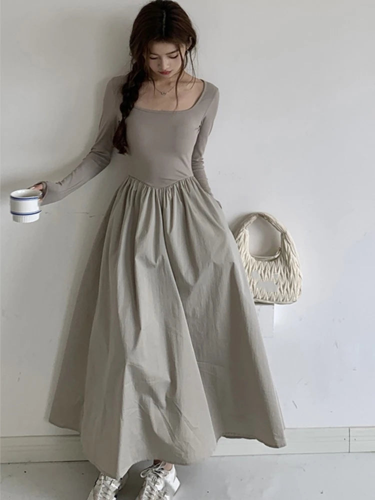 Knitted Midi Dresses for Long Sleeves Square Collar A-line Autumn New Dress Female Slim Vestidos