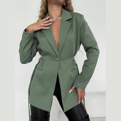 Autumn White Elegnat Green Single Breasted Blazers Lapel Belt Slim Blazers Coat Office Lady Jacket