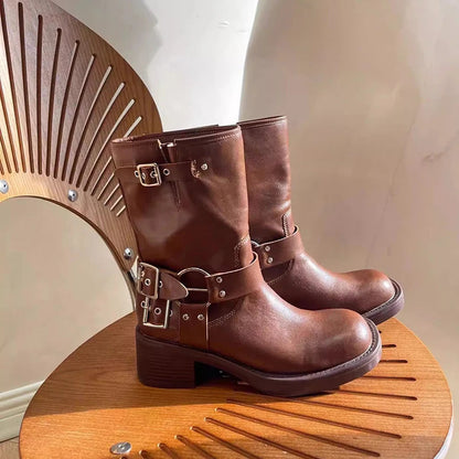 New Ankle Boots Thick High Heels Knight Boots Leather Western Boots Shoes Cowboy Boots Botas De Mujer