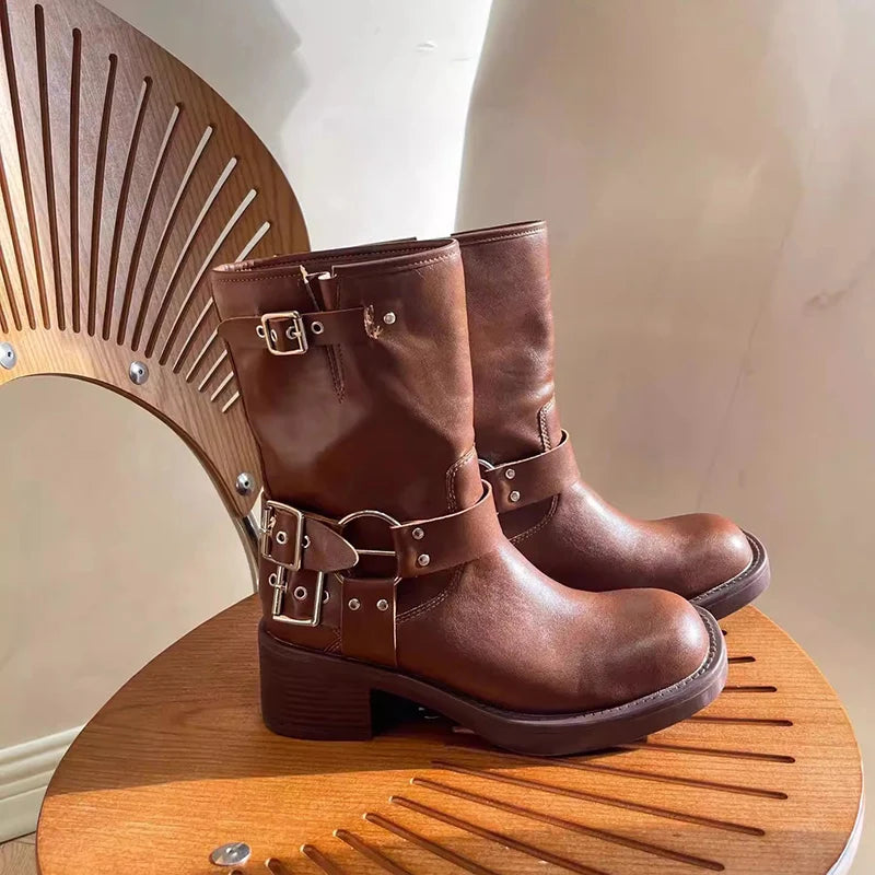 New Ankle Boots Thick High Heels Knight Boots Leather Western Boots Shoes Cowboy Boots Botas De Mujer