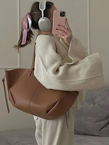 Split Hem Round Neck Sweater Flare Long Sleeves Loose Knitted Pullover Lady Warm Commuting Tops