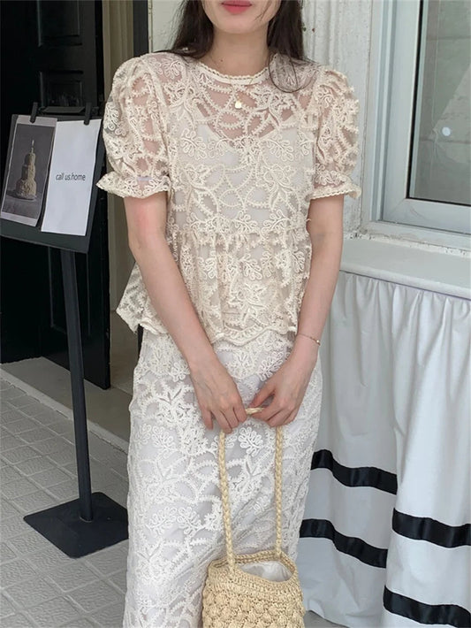 Slim Hollow Out Blouses Florals Summer Sets Office Lady High Waist Work Wear Long Skirts Suits