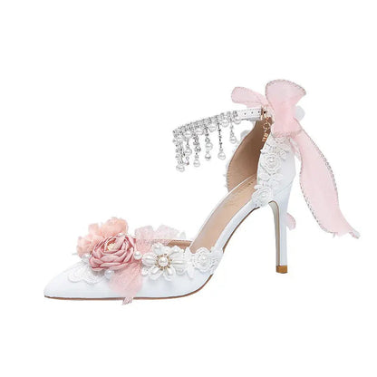 Lolita Brode Shoes New Pearl Rhinestone Pink High Heels for Sweet Flower Knot Bridal Wedding Shoes