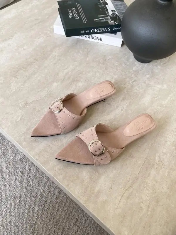 Shoes Woman Pointed Toe Slippers Summer Rivet Slides on a Wedge Low Flock Designer Rome Hoof Heels Fabric Rubber Fas