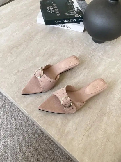 Shoes Woman Pointed Toe Slippers Summer Rivet Slides on a Wedge Low Flock Designer Rome Hoof Heels Fabric Rubber Fas