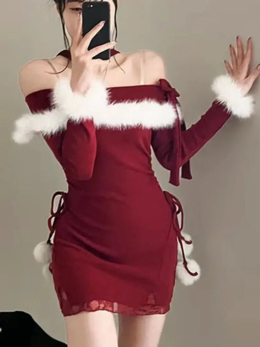 Kawaii Halter Mini Dress Sweet Bodycon Princess Christmas Birthday Party Dresses Autumn Female Slim Fit Short Vestidos Mujer New