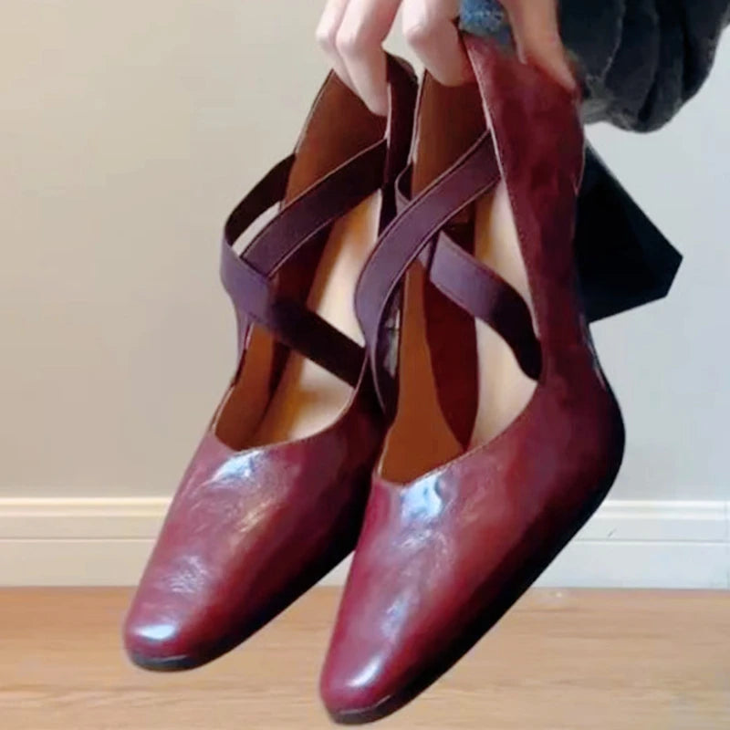 Comfortable Crosstied Chunky Heel Pumps Square Toe Shallow Mouth Sandals Office Brand Shoes Tacones Mujer