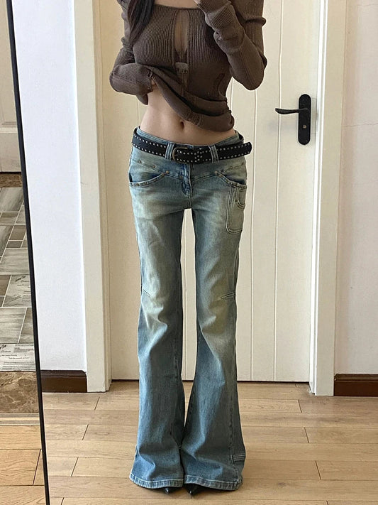Gyaru Japanese Harajuku Y2k Low Rise Flare Denim Pants Jeans 2000s Bellbottom Trousers Kpop Goth Tide