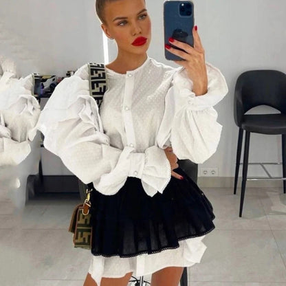 Ruffled Flare Sleeve Shirt Dress for With High Waisted Shorts Contrast Color Patchwork Mini Party Dress Autumn New
