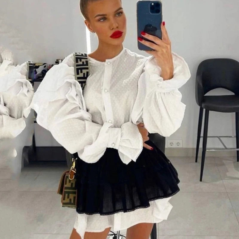 Ruffled Flare Sleeve Shirt Dress for With High Waisted Shorts Contrast Color Patchwork Mini Party Dress Autumn New