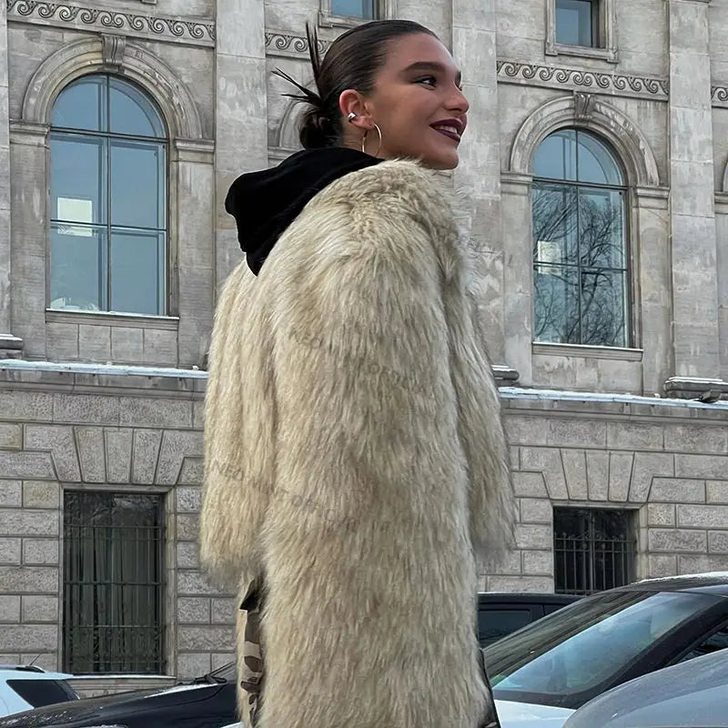 Winter Fluffy Gradient Faux Fur Coat Thicken Warm Fox Fur Jacket Style Furry Fur Overcoat