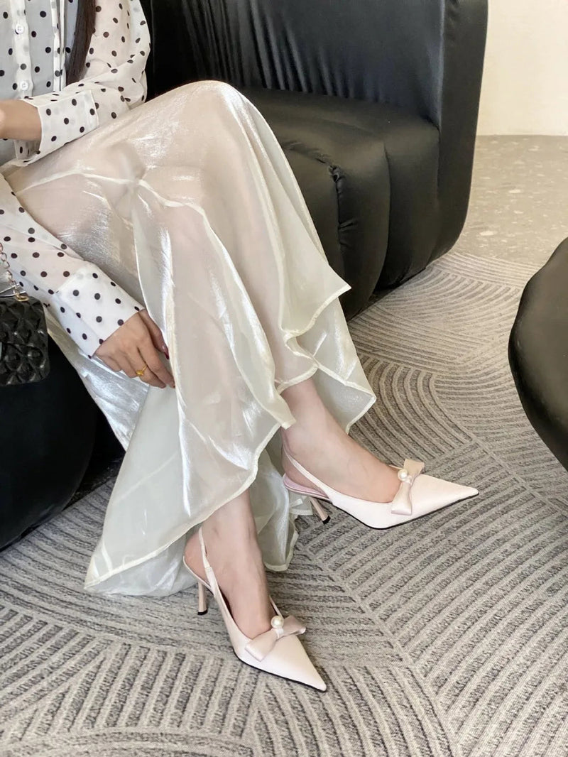 Satin Bow Pumps Pointed Toe Thin Heeled Backless Dress Shoes Brand Designer Shallow Mouth Sandal