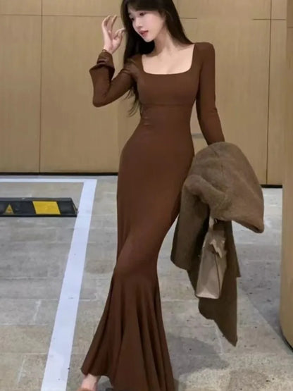 Autumn Long Dresses for Long Sleeves Square Collar Korean Style Slim Fit Mermaid Basic Vestidos New