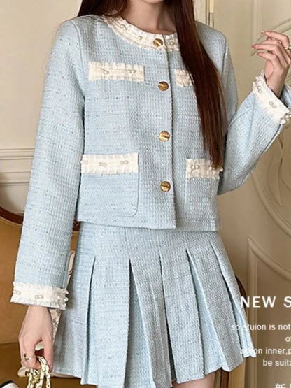 Spring Summer Korean Skirts Suit Coat Aline Pleated Skirts Two Pieces Set Female Clothes New