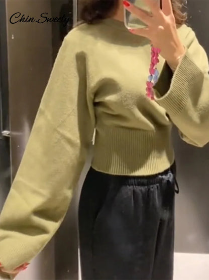 O-neck Cropped Sweater Pullover for Long Sleeved Loose Jumper Female Spring Lady High