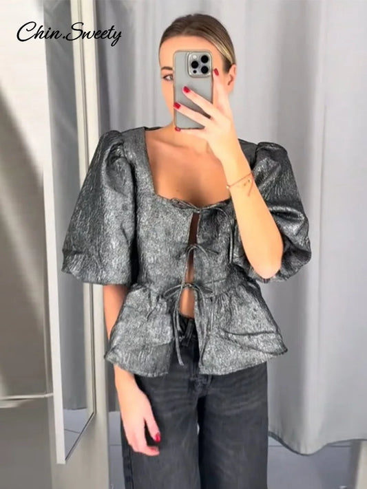 Square Collar Crop Blouses Lace Up Puff Short Sleeve Shirts Spring Summer Lady All-match Hollow Out Tops New