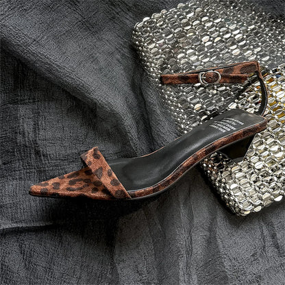 Leopard Sandals Leather Kitten High Heels Pointed Toe Party Wedding Shoes Woman Buckles Prom Summer Pumps