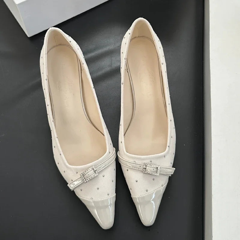 Pointed Toe Low Heel Shoes Belt Buckle Office Thin High Heels Female Shallow Pumps Zapatos De Mujer