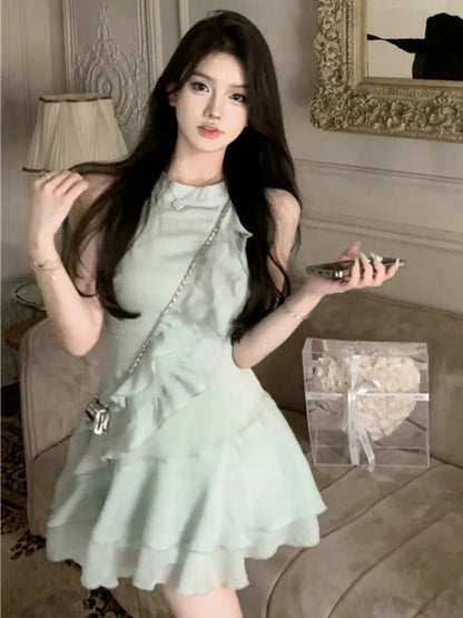 French Mini Dress Ruffles Slim Waist One Piece Clothes Chiffon Summer Outfits New Female Vestidos
