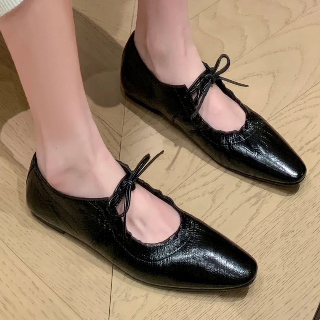 Genuine Leather Pleated Laceup Ballet Flats Round Toe Soft Comfortable Ballerinas Shoes for New