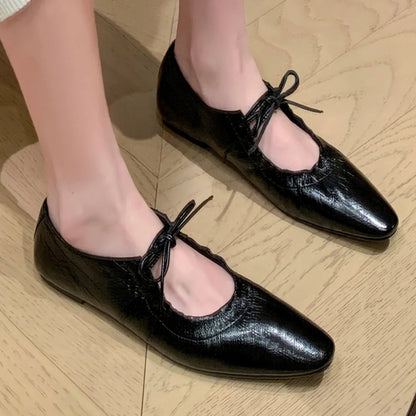 Genuine Leather Pleated Laceup Ballet Flats Round Toe Soft Comfortable Ballerinas Shoes for New