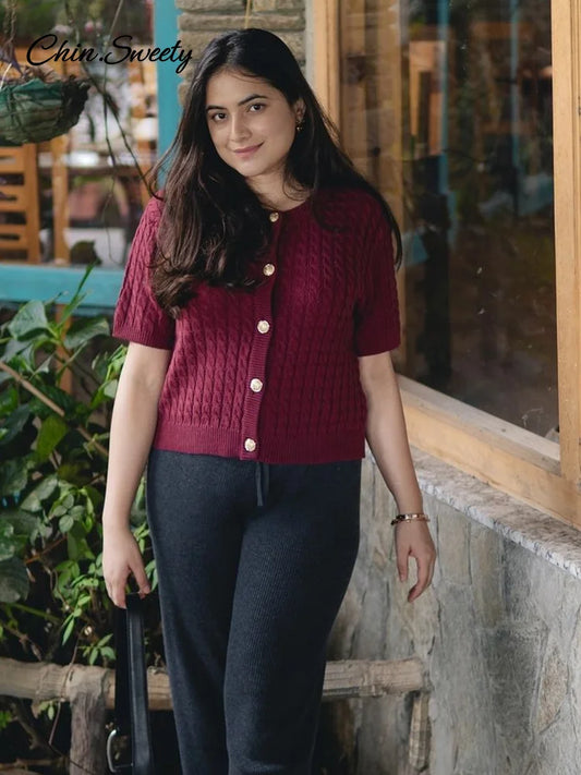 Knitted Single Breasted Cardigans O-neck Short Sleeve Ribbed Sweaters Female New Slim Top