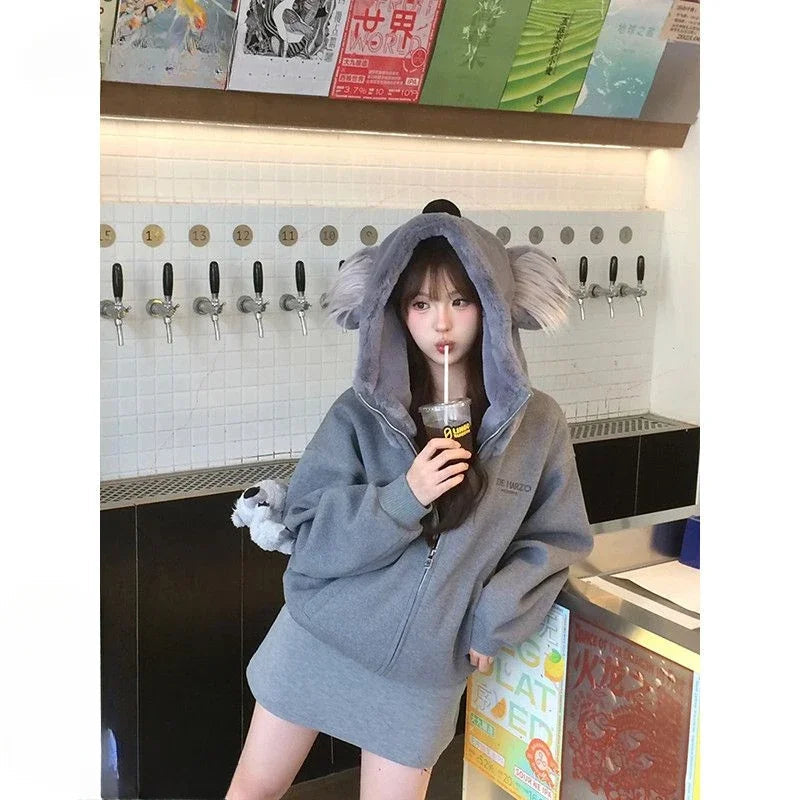 Sweet Hot Girl American Koala Hoodie Autumn/winter Longsleeved Zipper Loose Coat Female Clothes