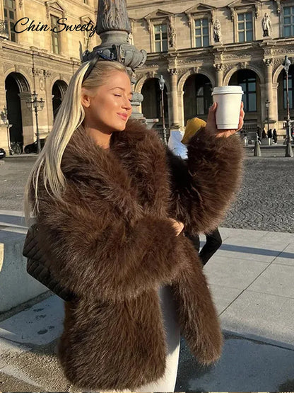 Brown Faux Fur Coats Full Sleeve Lapel Long Warm Jacket Winter Fluffy Thick High Street Outerwear New