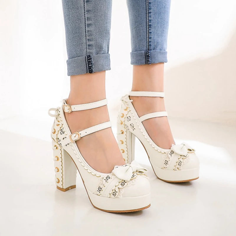 Summer 2.5 Platform Bow Lace Princess Lolita Shoes Party 10cm High Heel Buckle Big Size 43