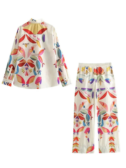 Spring Suit Printed Lapel Long Sleeves Single Breasted Shirts Female Elastic Waist Wide Leg Pants