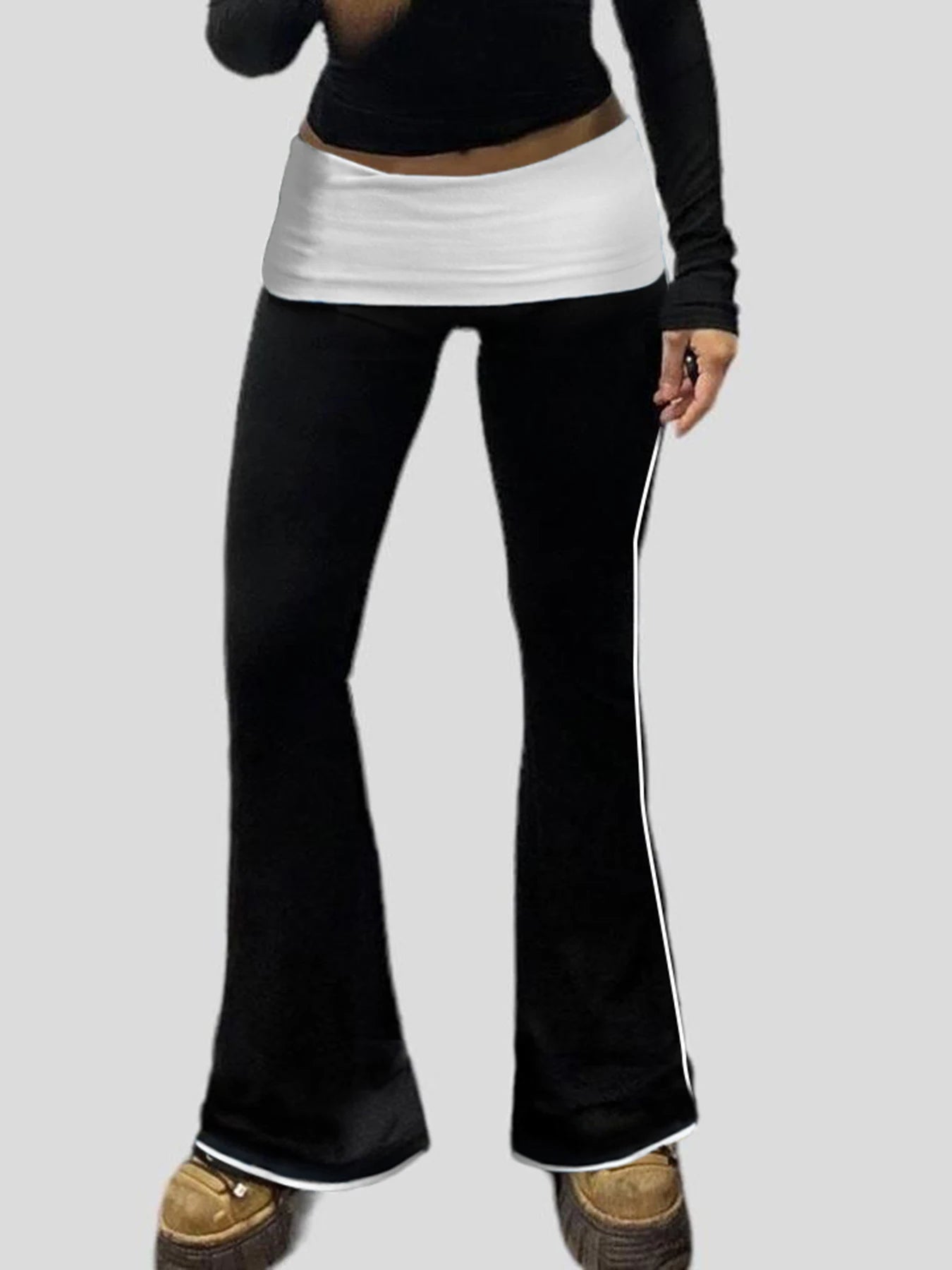 Contrast Binding Waist Slim Basic Flared Pants for American Retro Skinny Sports Jogging Sweatpants