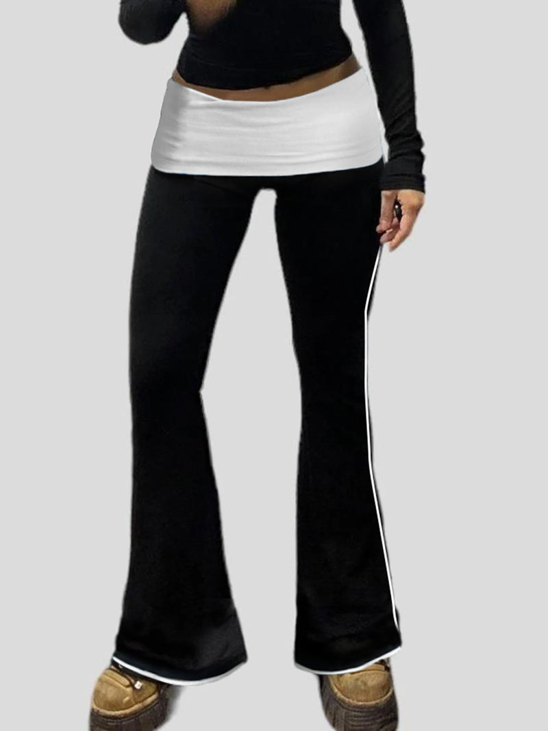 Contrast Binding Waist Slim Basic Flared Pants for American Retro Skinny Sports Jogging Sweatpants