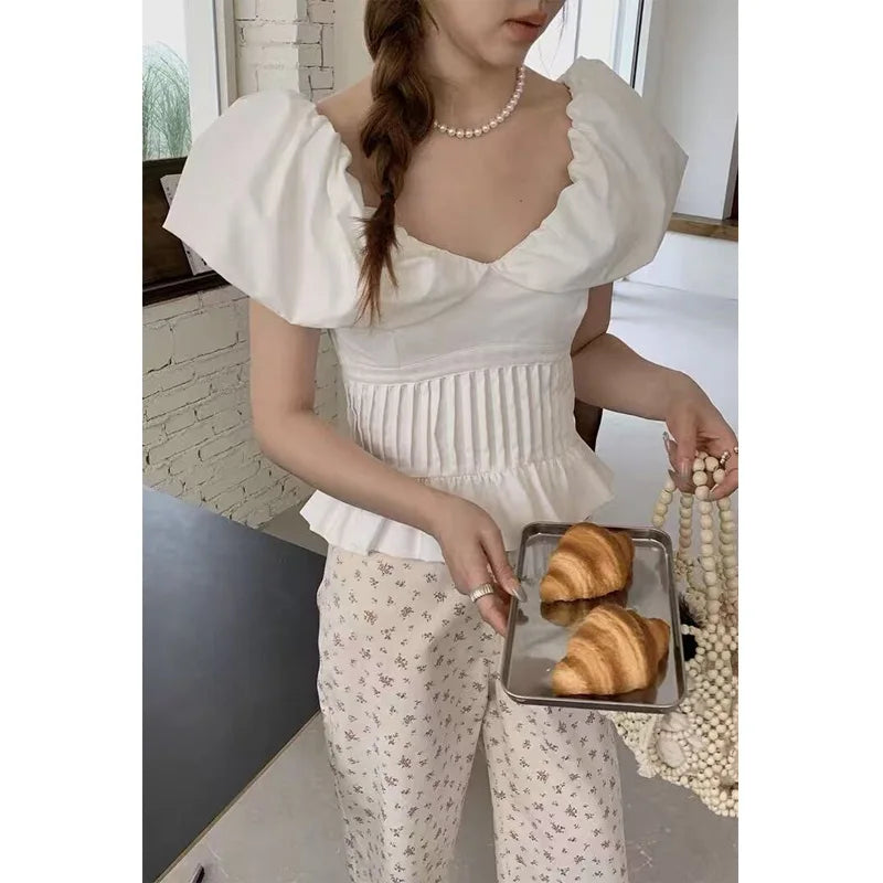 V Neck Blouses Spring Summer Puff Sleeve Sweet Shirts Korean Blusas Mujer