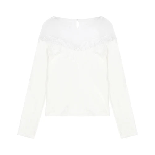 White Off Shoulder Knit Sweater Lace Transparent Mesh Long Sleeve Crop Pullovers Fairycore Aesthetics Clothes