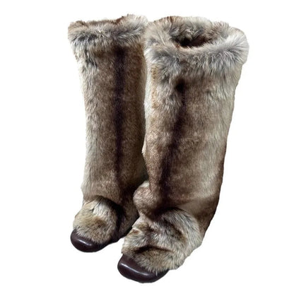 Hairy High Top Long Boots for in Winter Fashionable and Versatile, Knee Length, Low Heel, Warm Cotton Shoes, Snow Boots
