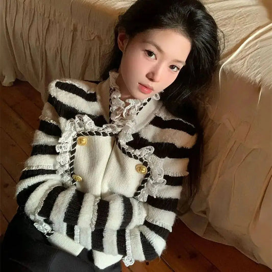 Skirt Twopiece Skirt Suit Knitted Sweater Winter Chaebol Style Heavy Industry Design Stripe New Highwaisted