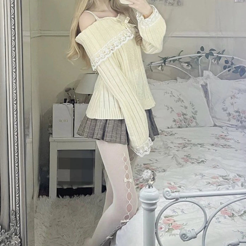 Outfits Harajuku Cosplay Sweater Kawaii Lace Trim Off Shoulder Pullovers Y2k Aesthetic Long Sleeve Jumpers