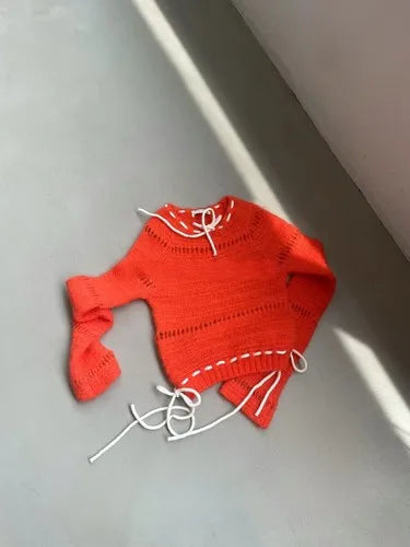 Autumn for Crop Tops Korean Retro High Street Hollow Out Bandage Cashmere Sweater Knit Pullover Tops