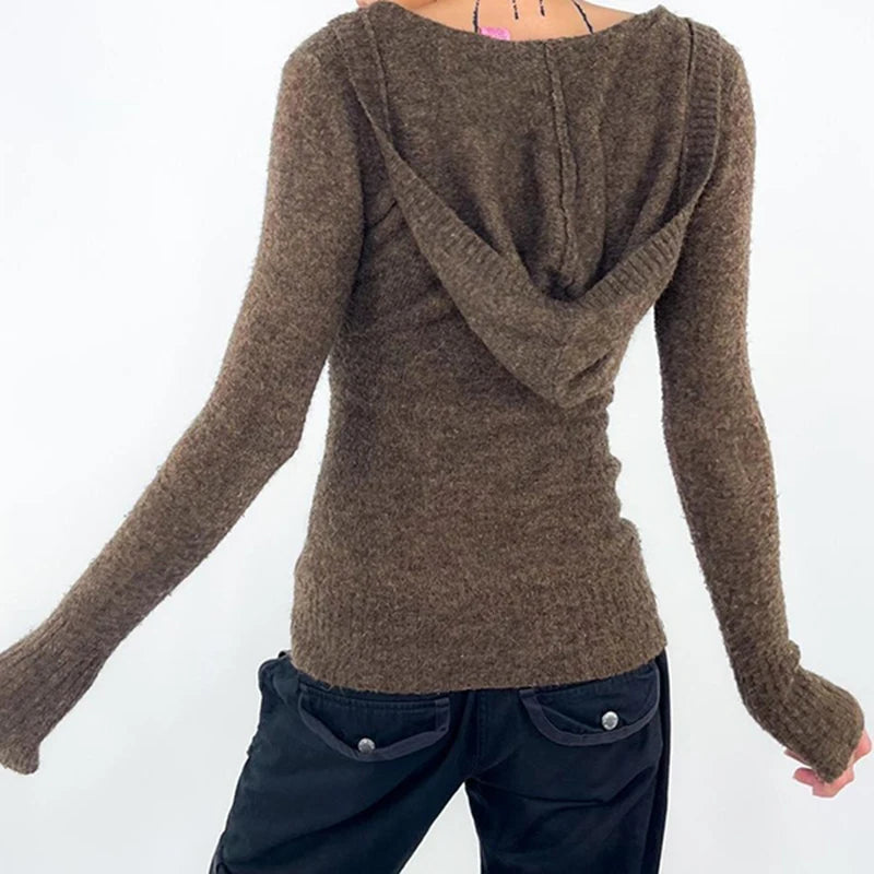 Y2k Brown V-neck Hooded Sweater Basic Slim Button Up Knitted Pullovers Autumn Outfits Lady