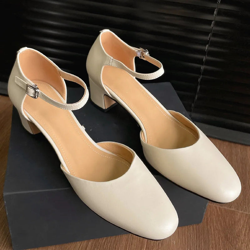 Genuine Leather 4.5cm Thick Med Heel Round Toe Ankle Strap Sandals Soft Comfortable Summer Shoes