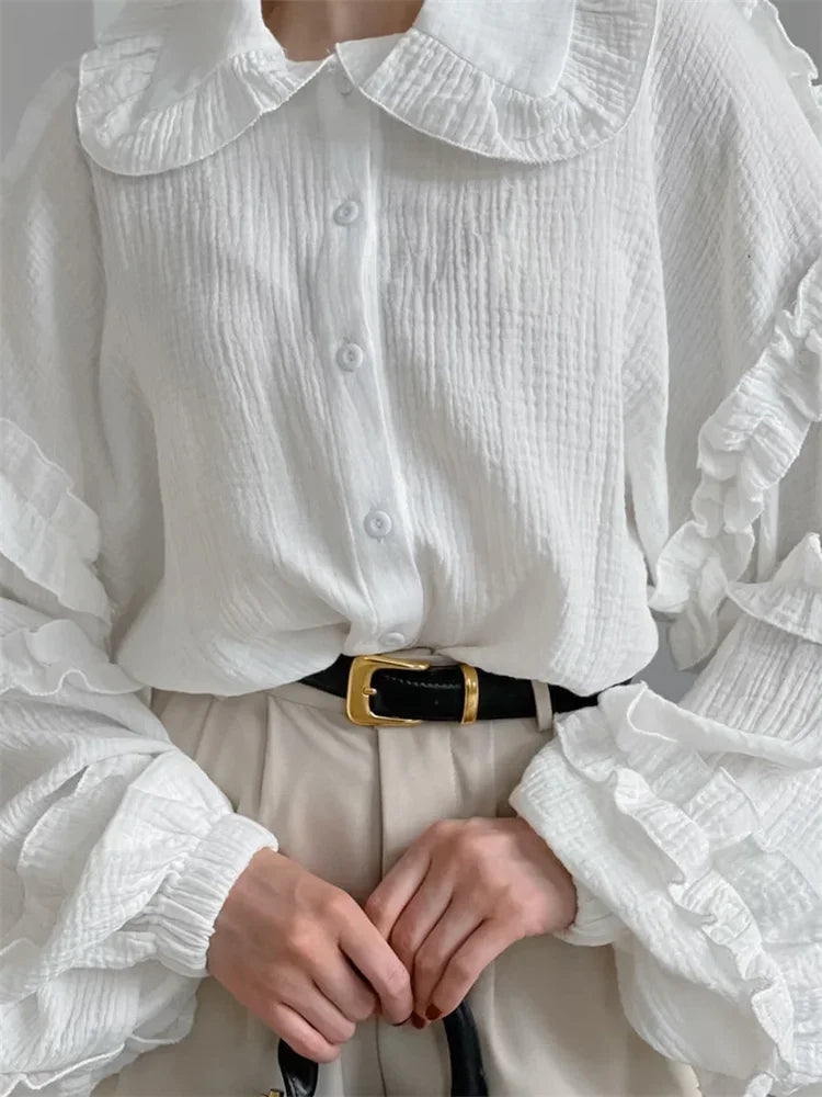 Ruffled White Loose Shirts for Long Sleeve Autumn Outwear Female Shirts Coat Summer New