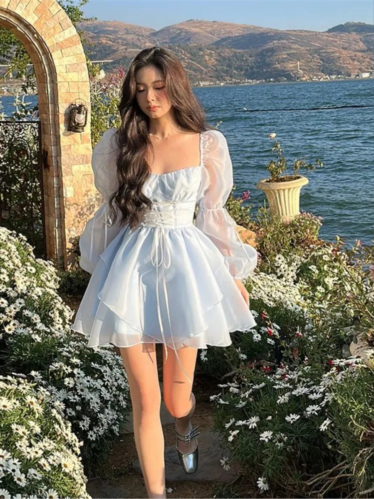 Sweet Kawaii Mini Dress Korean Party Dress Fairy Princess Puff Sleeve Summer Prom Dress