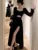 Black Long Dresses for Long Sleeve Square Collar Hollow Out High Slit Evening Party Dress Prom Robe Vestidos Mujer
