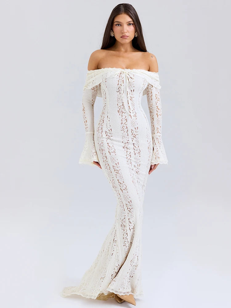 Lace Off-shoulder Maxi Dress for White Strapless Backless Long Sleeve Bodycon Club Party Long Dress