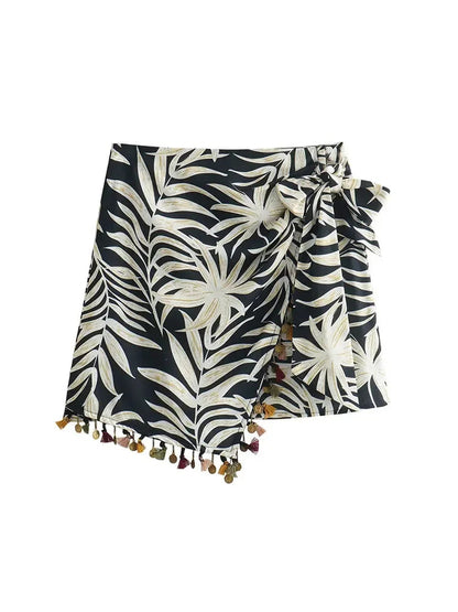 Summer Asymmetric Tassel Mini Skirts Printed Zipper Short Skirt Wrinkle Female Wrap Skirt